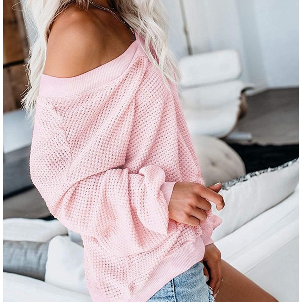 ♥️ XXL Off Shoulder Batwing Sleeve Waffle Knit Top - Picture 3 of 4
